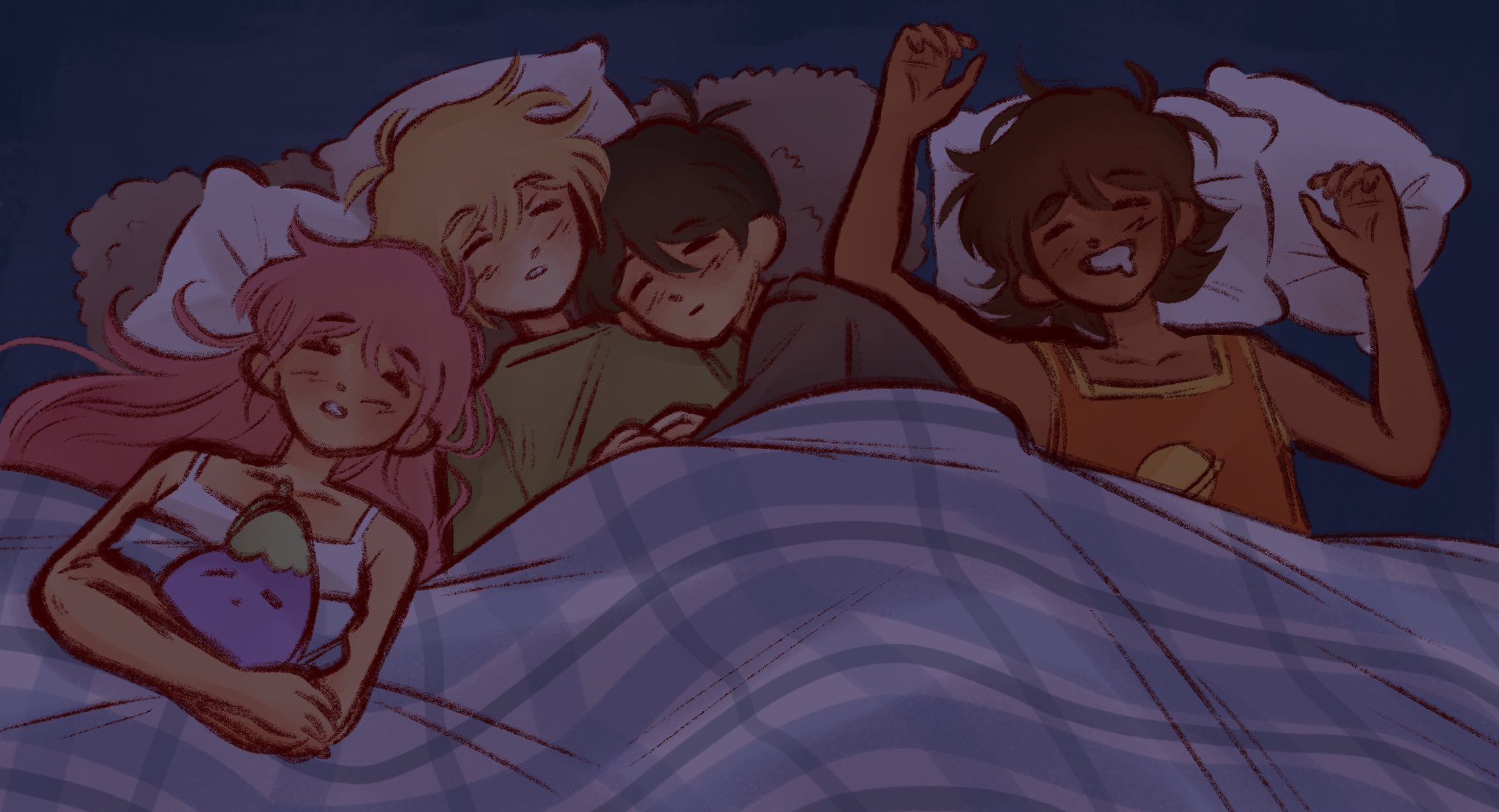 ginakusgf, aubrey (faraway) (omori), aubrey (omori), basil (faraway) (omori), basil (omori), kel (faraway) (omori), kel (omori), mr. plantegg (omori), sunny (omori), omori, highres, 1girl, 3boys, arms up, black hair, black shirt, blanket, blonde hair, brown hair, closed eyes, collarbone, dark-skinned male, dark skin, drooling, green shirt, head on pillow, holding, holding stuffed toy, long hair, mouth drool, multiple boys, open mouth, parted lips, pillow, pink hair, shirt, short hair, stuffed eggplant, stuffed toy, t-shirt, under covers