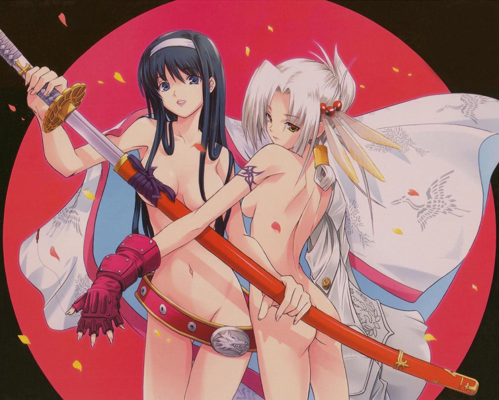 onigirikun, kyoudou senna, tenrou kunagi, dai (series), daibanchou, jpeg artifacts, 2girls, :d, ass, back, belt, black hair, blue eyes, breasts, censored, convenient censoring, feathers, fingerless gloves, fingernails, folded ponytail, from behind, gloves, groin, hair bobbles, hair ornament, hair up, hairband, japanese clothes, katana, kimono, lipstick, long fingernails, long hair, looking back, makeup, multiple girls, nail (hardware), naked belt, naked robe, navel, nude, open clothes, open mouth, petals, robe, sheath, sideboob, smile, standing, sword, tattoo, thigh gap, thighs, undressing, unsheathing, weapon, white hair, yellow eyes, yuri