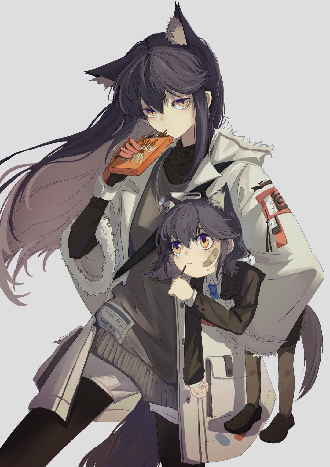 woshigepangzhitong, texas (arknights), arknights, chinese commentary, commentary request, highres, 2girls, aged down, animal ear fluff, animal ears, bandaid, bandaid on cheek, bandaid on face, black gloves, black hair, black jacket, black pantyhose, black shirt, black undershirt, brown hair, brown pantyhose, brown sweater, brown tail, carrying, carrying person, closed mouth, colored inner hair, dual persona, floating hair, food, fur-trimmed sleeves, fur trim, gloves, grey background, hair between eyes, holding, holding food, holding pocky, jacket, long hair, long sleeves, looking at viewer, looking up, multicolored hair, multiple girls, open clothes, open jacket, orange gloves, pantyhose, pocky, shirt, short hair, simple background, standing, sweater, tail, time paradox, undershirt, white jacket, wolf ears, wolf girl, wolf tail, yellow eyes