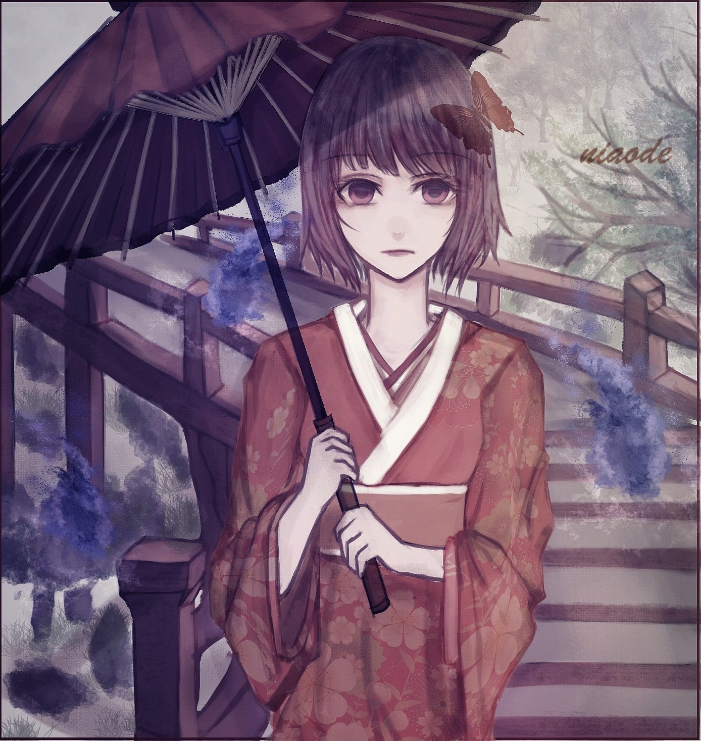 niaode, original, highres, 1girl, brown hair, bug, butterfly, closed mouth, expressionless, holding, holding umbrella, insect, japanese clothes, kimono, looking at viewer, outdoors, purple eyes, short hair, sitting, sitting on stairs, solo, stairs, standing, straight hair, tree, umbrella