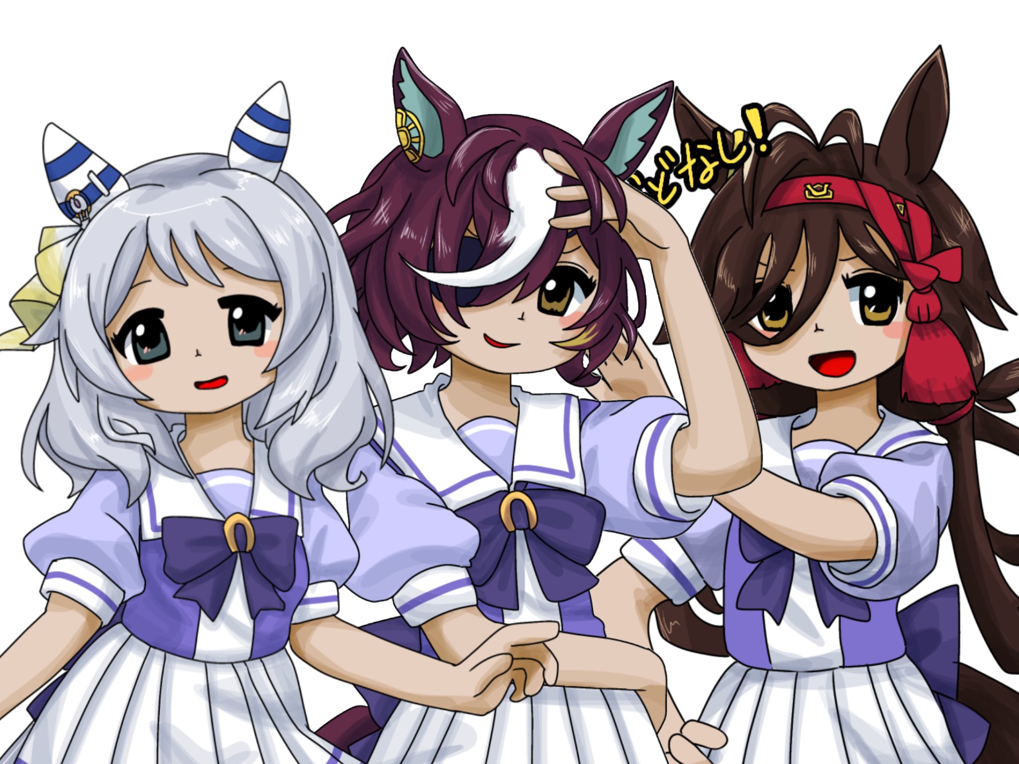 amadare rak, hishi miracle (umamusume), no reason (umamusume), tanino gimlet (umamusume), touhou, umamusume, commentary request, highres, 3girls, animal ears, back bow, bow, bowtie, brown hair, cowboy shot, ear covers, earclip, eyepatch, grey eyes, grey hair, hair ornament, hairband, hand in own hair, horse ears, horse girl, horseshoe ornament, long hair, looking at viewer, multicolored hair, multiple girls, open mouth, parody, pleated skirt, puffy short sleeves, puffy sleeves, purple bow, purple bowtie, purple shirt, red hairband, sailor collar, sailor shirt, school uniform, shirt, short hair, short sleeves, simple background, skirt, smile, streaked hair, style parody, summer uniform, tassel, tassel hair ornament, tracen school uniform, white background, white hair, white skirt, zun (style)