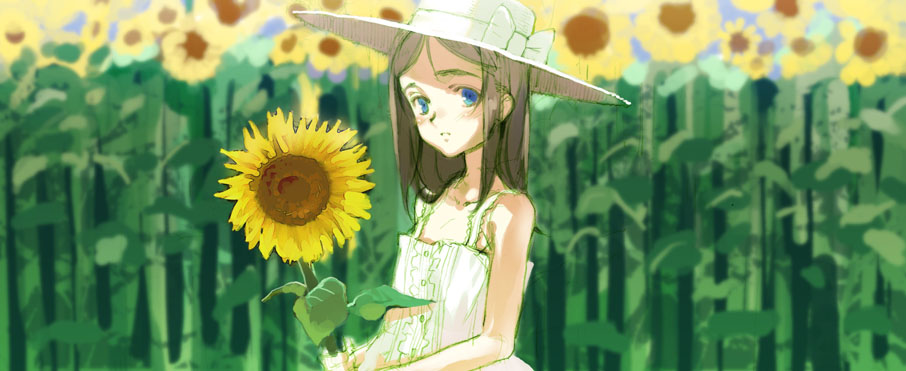 murasawa hiroshi, original, 1girl, day, female focus, field, flower, flower field, hat, solo, sun hat, sunflower, sunflower field, white hat