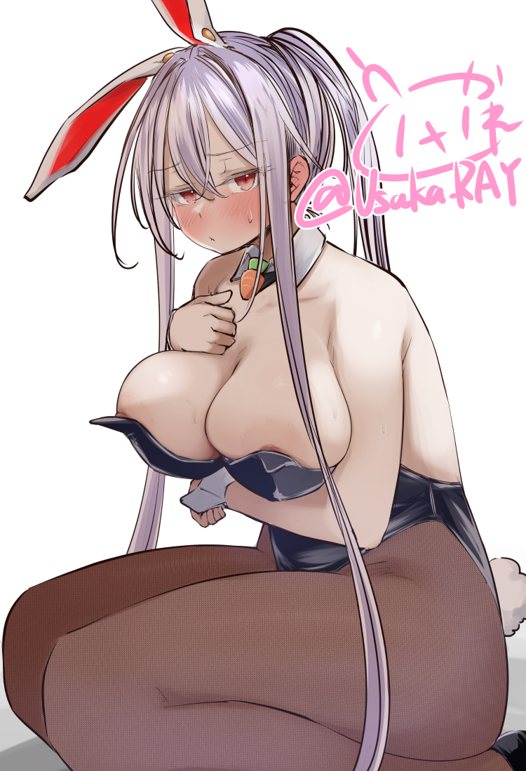 usaka ray, reisen udongein inaba, touhou, commentary request, 1girl, alternate costume, animal ears, black leotard, blush, breasts, brown pantyhose, carrot pin, closed mouth, detached collar, feet out of frame, high ponytail, large breasts, leotard, long hair, looking at viewer, nipple slip, nipples, pantyhose, playboy bunny, ponytail, purple hair, rabbit ears, rabbit girl, rabbit tail, red eyes, simple background, solo, strapless, strapless leotard, tail, very long hair, white background, wrist cuffs
