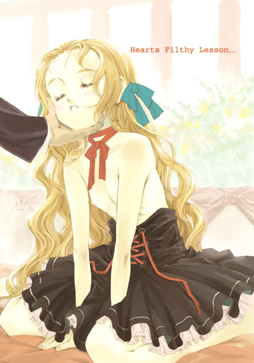 murasawa hiroshi, original, 1girl, barefoot, blonde hair, bow, choker, female focus, flat chest, frills, goth fashion, loli, long hair, nipples, solo, topless female