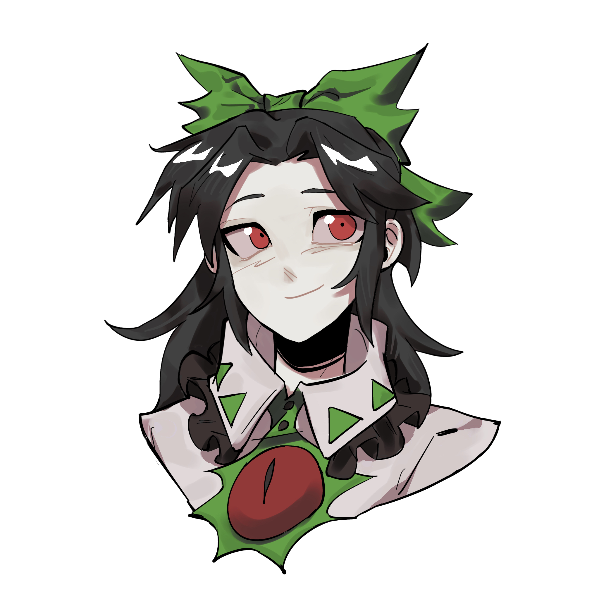 shiri fusang, reiuji utsuho, touhou, chinese commentary, commentary request, highres, 1girl, black hair, bow, closed mouth, collared shirt, frilled shirt collar, frills, green bow, hair bow, long hair, looking afar, looking to the side, portrait, red eyes, shirt, simple background, smile, solo, third eye, white background, white shirt