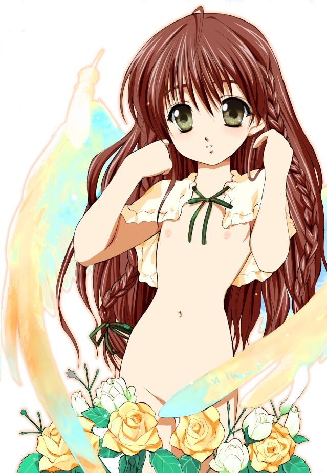 kusaka souji, karen (sister princess), sister princess, 00s, 1girl, braid, brown hair, censored, convenient censoring, female focus, flat chest, flower, loli, long hair, nipples, nude, rose, solo, twin braids, white flower, white rose, wings, yellow eyes, yellow flower, yellow rose