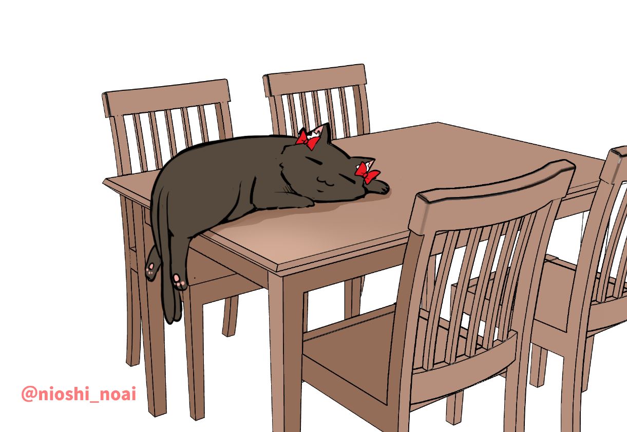 noai nioshi, kaenbyou rin, kaenbyou rin (cat), touhou, commentary request, :3, animal focus, black cat, bow, cat, chair, desk, full body, multiple tails, no humans, red bow, simple background, sleeping, tail, twitter username, two tails, white background