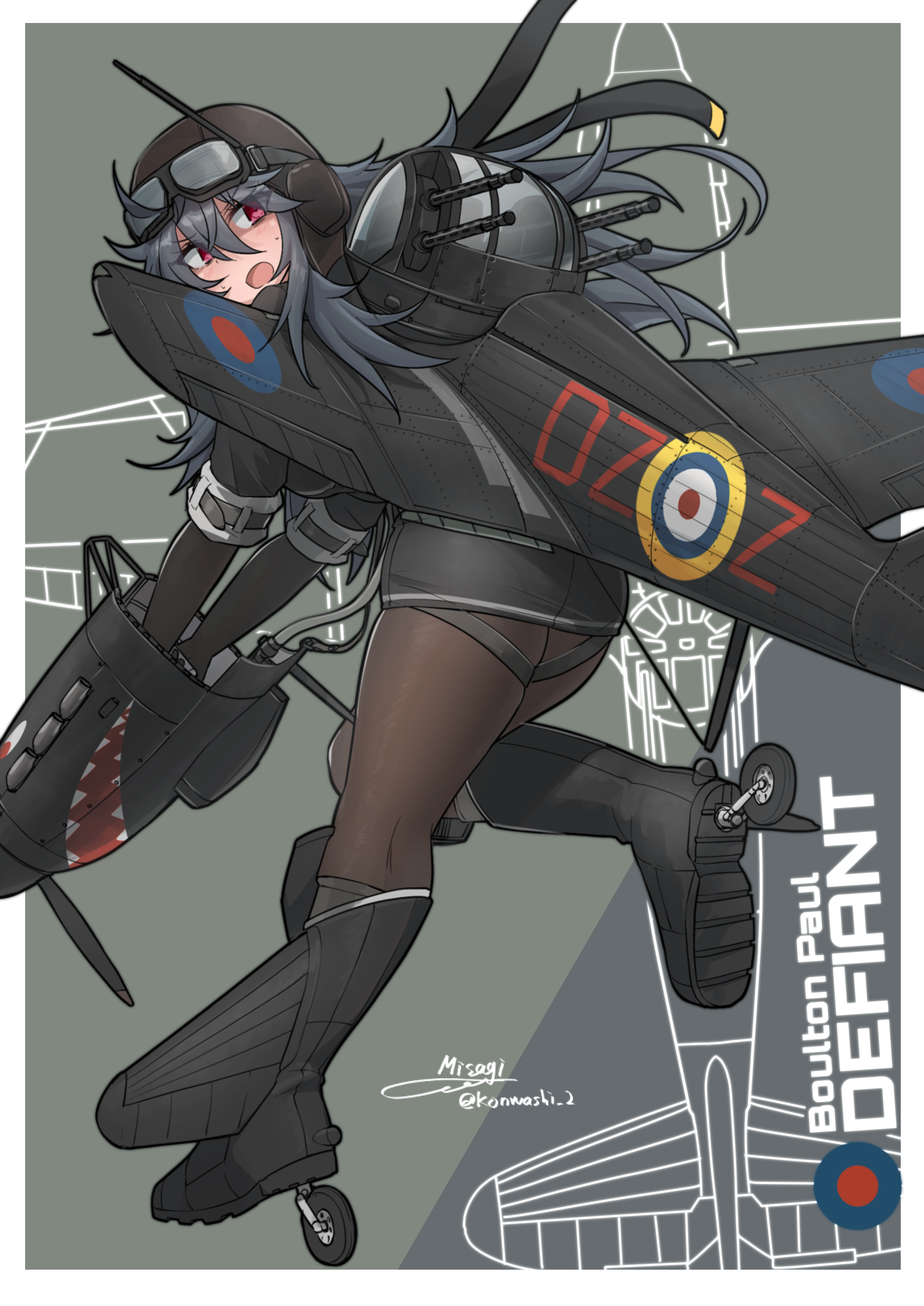 teisei misagi, original, absurdres, highres, 1girl, aircraft, aircraft turret, airplane, black boots, black skirt, blueprint background, boots, border, elbow gloves, english text, gloves, goggles, goggles on headwear, grey hair, helmet, long hair, mecha musume, military, military vehicle, nose art, open mouth, pantyhose, personification, pilot helmet, propeller, roundel, shark nose art, short sleeves, signature, skirt, solo, vehicle and personification, white border