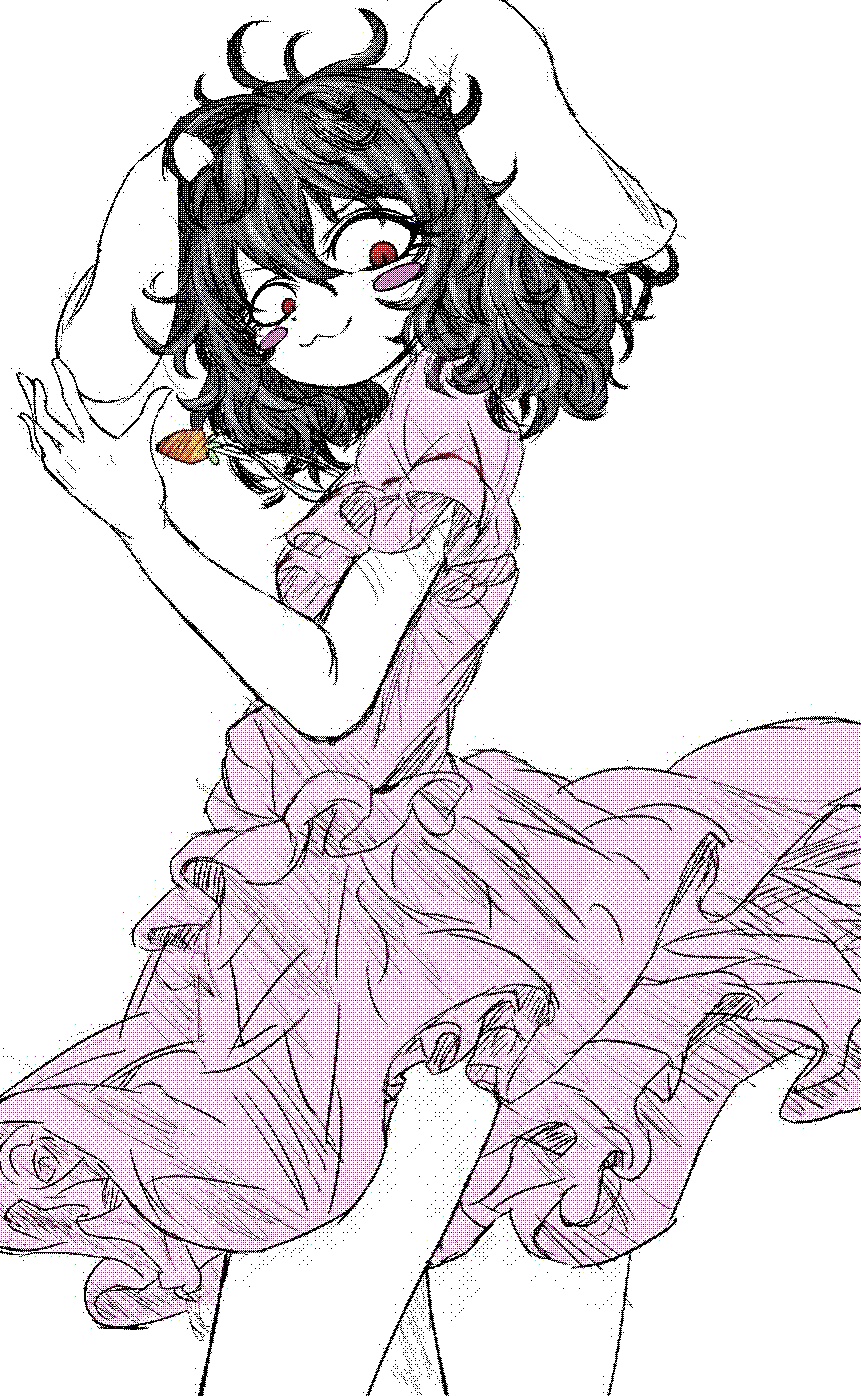 inu no nou saibou, inaba tewi, touhou, highres, 1girl, animal ears, black hair, blush stickers, carrot necklace, closed mouth, colored skin, cowboy shot, dress, floppy ears, frilled sleeves, frills, hair between eyes, jewelry, looking at viewer, medium hair, messy hair, necklace, pink dress, rabbit ears, rabbit girl, red eyes, simple background, smile, solo, white background, white skin