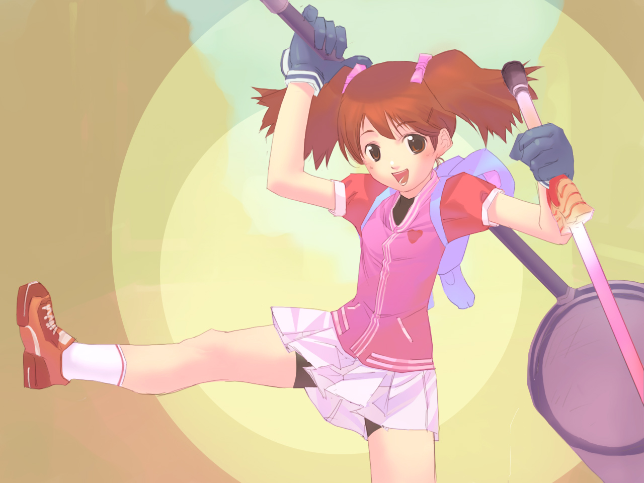 sayaka (saru getchu), saru getchu, 1girl, backpack, bag, bike shorts, bike shorts under skirt, butterfly net, female focus, gloves, hand net, orange shoes, randoseru, shoes, shorts, shorts under skirt, skirt, solo, sword, twintails, weapon