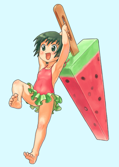 frilled swimsuit, 1girl, :d, arms up, barefoot, black eyes, black hair, casual one-piece swimsuit, female focus, food, frills, fruit, full body, halterneck, mini person, minigirl, one-piece swimsuit, open mouth, oversized object, popsicle, short hair, simple background, smile, solo, swimsuit, watermelon, watermelon bar