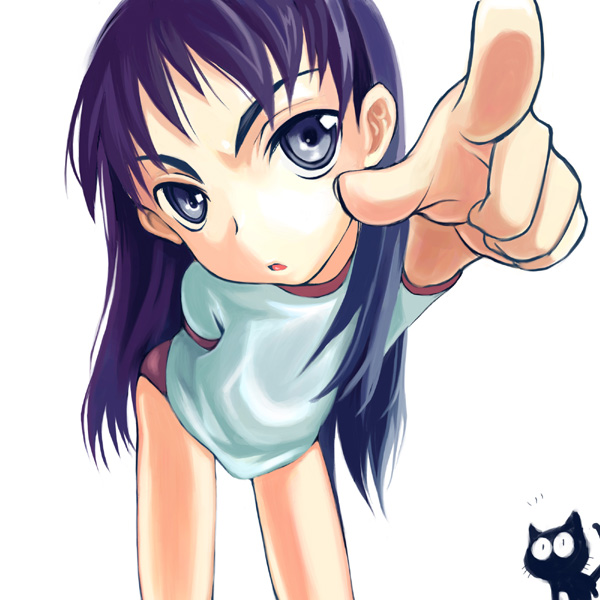 takkun, ninamori eri, takkun (flcl), flcl, 00s, 1girl, animal, arm behind back, artistic error, black cat, blue eyes, blue hair, buruma, cat, female focus, gym uniform, long hair, looking at viewer, matching hair/eyes, open mouth, pointing, pointing at viewer, purple hair, red buruma, shirt, sleeveless, sleeveless shirt, solo, white background, white shirt