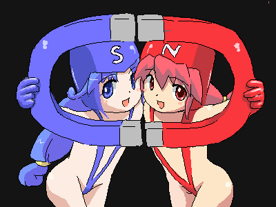 fine (futagohime), rein (futagohime), downtown no gottsu ee kanji, fushigiboshi no futago hime, lowres, cosplay, magnet, oekaki, parody, slingshot swimsuit, swimsuit