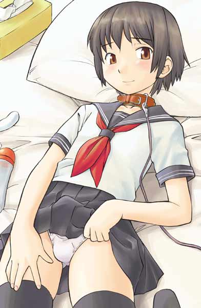 hinemosu notari, original, source request, 1boy, androgynous, bed, black thighhighs, blush, brown eyes, brown hair, bulge, clothes lift, collar, crossdressing, crossdressing (mtf), leash, lifting own clothes, lying, male focus, miniskirt, on back, panties, pantyshot, penis, penis in panties, school uniform, serafuku, short hair, shota, skirt, skirt lift, solo, thighhighs, tissue, tissue box, trap, underwear, upskirt, white panties