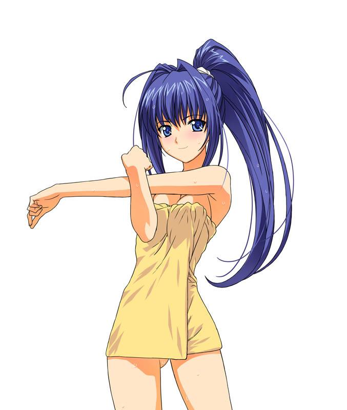 a1 (initial-g), hayase mitsuki, kimi ga nozomu eien, 00s, 1girl, bend, blue eyes, blue hair, cowboy shot, female focus, long hair, matching hair/eyes, naked towel, ponytail, simple background, smile, solo, stretching, towel, wet, white background