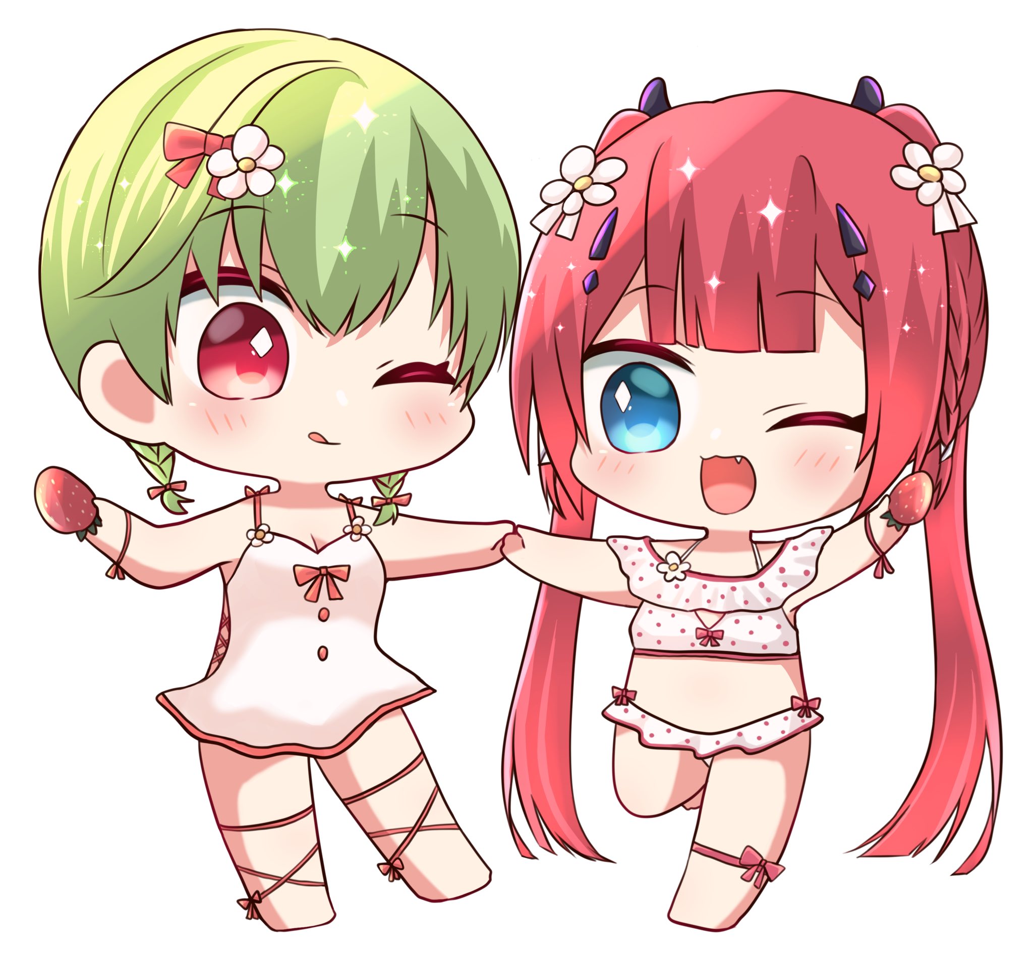 kamiyama shiki, nomura miki, summer pockets, commentary request, highres, 2girls, ;3, ;d, ;q, alternate costume, alternate hairstyle, barefoot, bikini, blue eyes, blunt bangs, blush, bow, bow bikini, bow swimsuit, braid, chibi, chibi only, fang, flower, food, fruit, full body, green hair, hair between eyes, hair bow, hair flower, hair ornament, hairclip, halterneck, happy, holding, holding food, holding fruit, holding hands, long hair, looking at viewer, low twintails, multiple girls, mumusubisan0704, off-shoulder bikini, off shoulder, one-piece swimsuit, one eye closed, open mouth, outstretched arms, polka dot, polka dot bikini, red bow, red eyes, red hair, short hair, short twintails, side braids, simple background, smile, spaghetti strap, sparkle, standing, standing on one leg, straight hair, strawberry, swimsuit, tongue, tongue out, twin braids, twintails, very long hair, white background, white bikini, white flower, white one-piece swimsuit