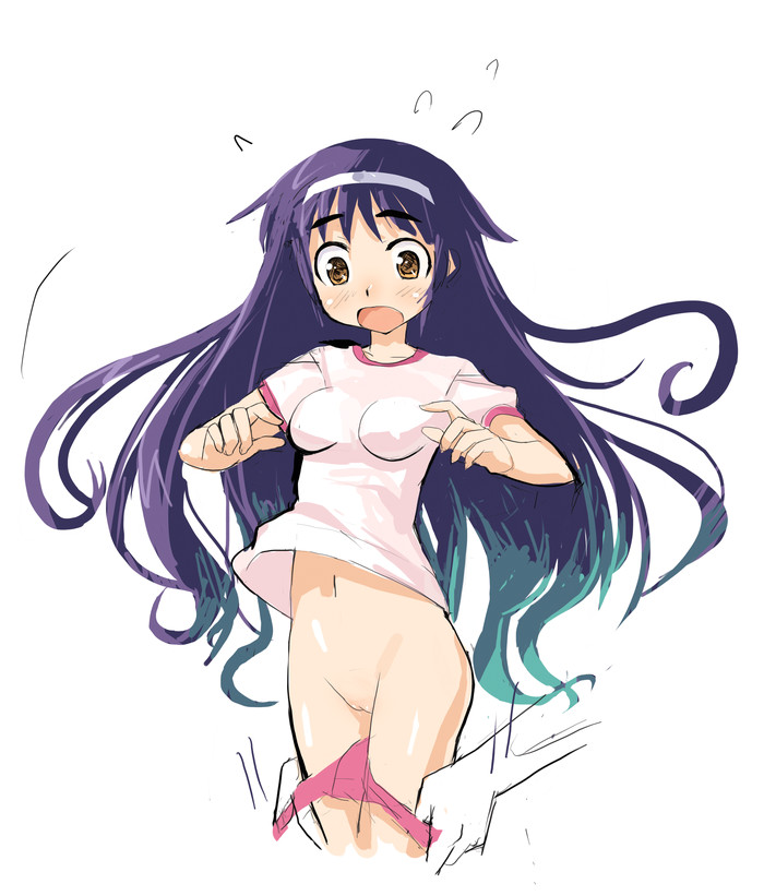original, 1girl, assisted exposure, black hair, blush, brown eyes, buruma, buruma pull, clothes pull, embarrassed, female focus, flying sweatdrops, groin, gym uniform, hairband, long hair, navel, no panties, pantsing, pulling another's clothes, pussy, solo, surprised, uncensored, very long hair