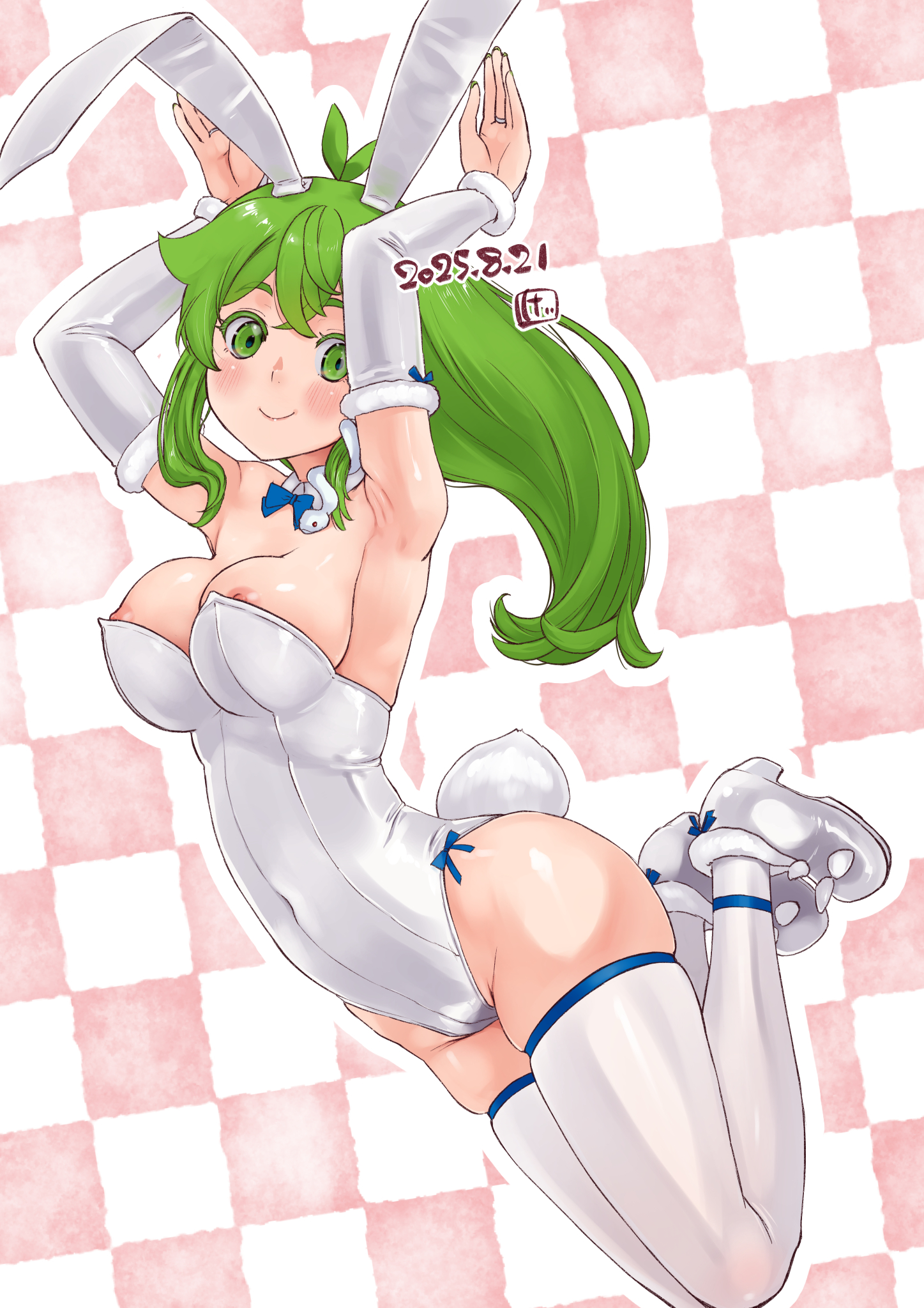 kei jiei, kochiya sanae, touhou, commentary request, highres, 1girl, alternate costume, animal ears, antenna hair, armpits, blue bow, blue bowtie, bow, bowtie, breasts, bunny day, checkered background, closed mouth, covered navel, dated, detached collar, detached sleeves, fake animal ears, fake tail, frog hair ornament, full body, green eyes, green hair, hair ornament, hair tubes, large breasts, leotard, long hair, looking at viewer, nipple slip, nipples, pink background, playboy bunny, rabbit ears, rabbit pose, rabbit tail, shoes, sidelocks, single hair tube, single sidelock, smile, snake hair ornament, solo, strapless, strapless leotard, tail, thighhighs, white shoes, white sleeves, white thighhighs