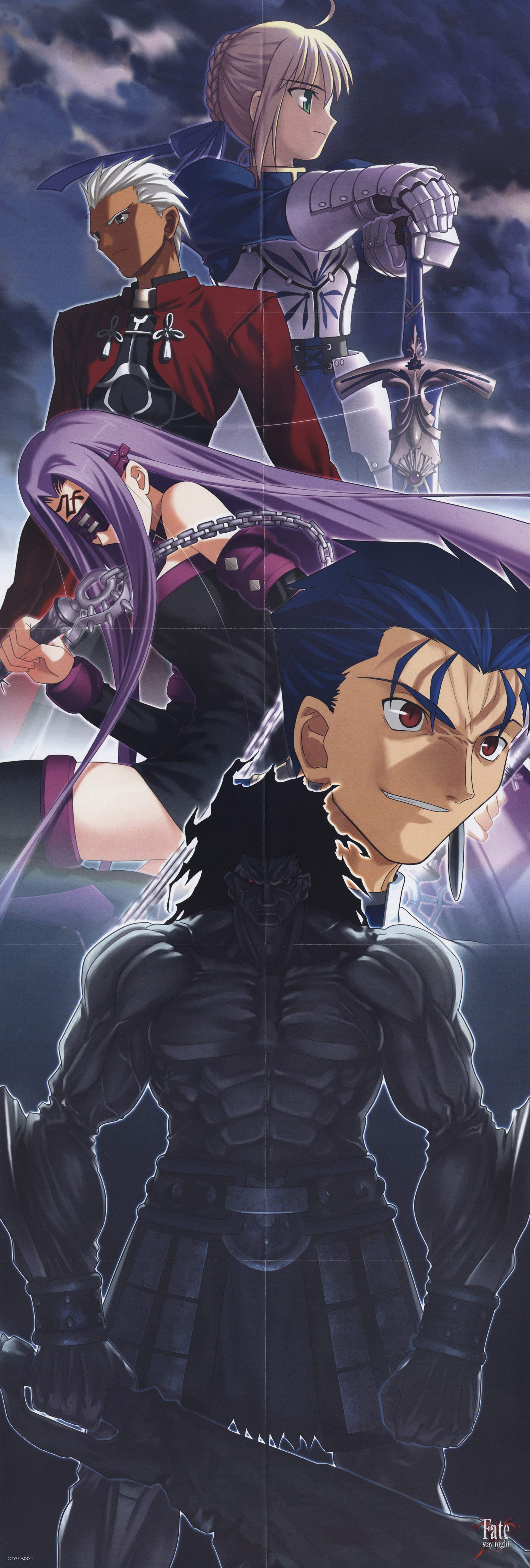 takeuchi takashi, archer (fate), artoria pendragon (fate), cu chulainn (fate), cu chulainn (fate/stay night), heracles (fate), medusa (fate), medusa (rider) (fate), saber (fate), fate/stay night, fate (series), type-moon, absurdres, highres, long image, tall image, 00s, 2girls, 3boys, abs, ahoge, armor, black boots, black dress, blindfold, blonde hair, blue hair, boots, braid, breaker gorgon, bun with braided base, caliburn (fate), chain, clenched hand, copyright logo, copyright notice, dark-skinned male, dark skin, dress, earrings, fingernails, green eyes, grin, hair bun, hands on hilt, holding, holding weapon, jewelry, long hair, multiple boys, multiple girls, muscular, muscular male, nameless dagger (fate), red eyes, sheath, sheathed, sidelocks, single hair bun, smile, strapless, strapless dress, sword, thigh boots, thighhighs, weapon, white hair, zettai ryouiki
