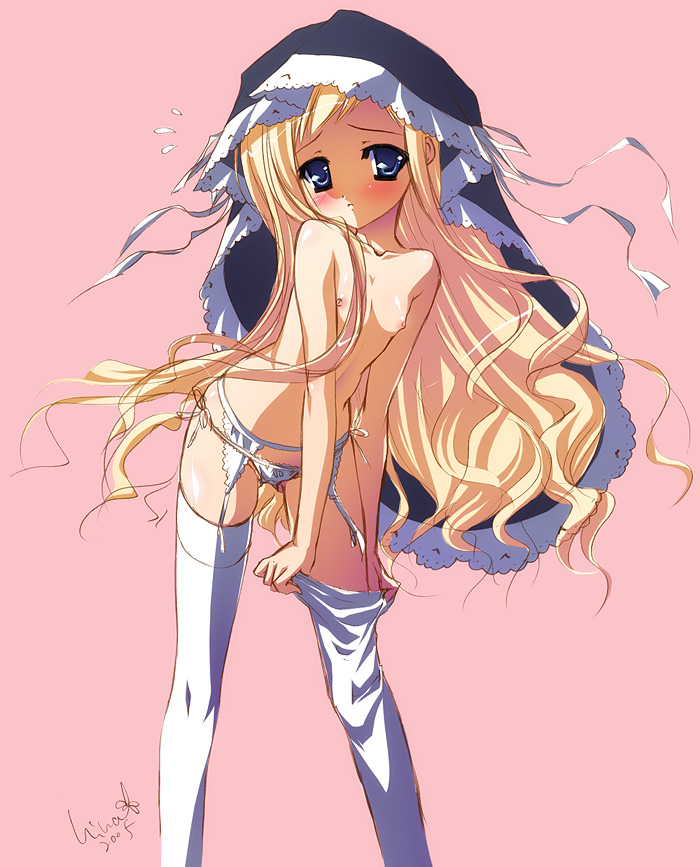 katagiri hinata, kiryuu sonya, harukoi otome, harukoi otome ~otome no sono de gokigenyou~, original, habit, 00s, 1girl, blonde hair, blue eyes, blush, closed mouth, dressing, female focus, flat chest, garter belt, lingerie, loli, long hair, lowleg, lowleg panties, nipples, panties, ribbon, side-tie panties, signature, solo, sweatdrop, thighhighs, topless female, underwear, underwear only, white panties, white thighhighs
