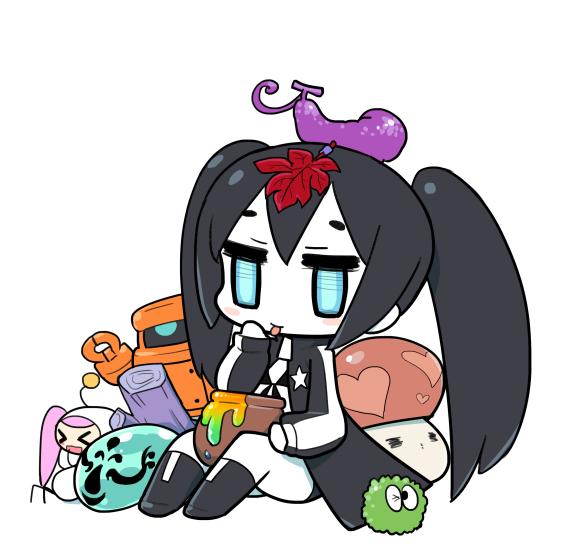 hekaton, black rock shooter (character), black rock shooter, 1girl, black coat, black hair, blue eyes, boots, chibi, coat, long hair, open clothes, open coat, pale skin, solo, star (symbol), tongue, tongue out, twintails, uneven twintails