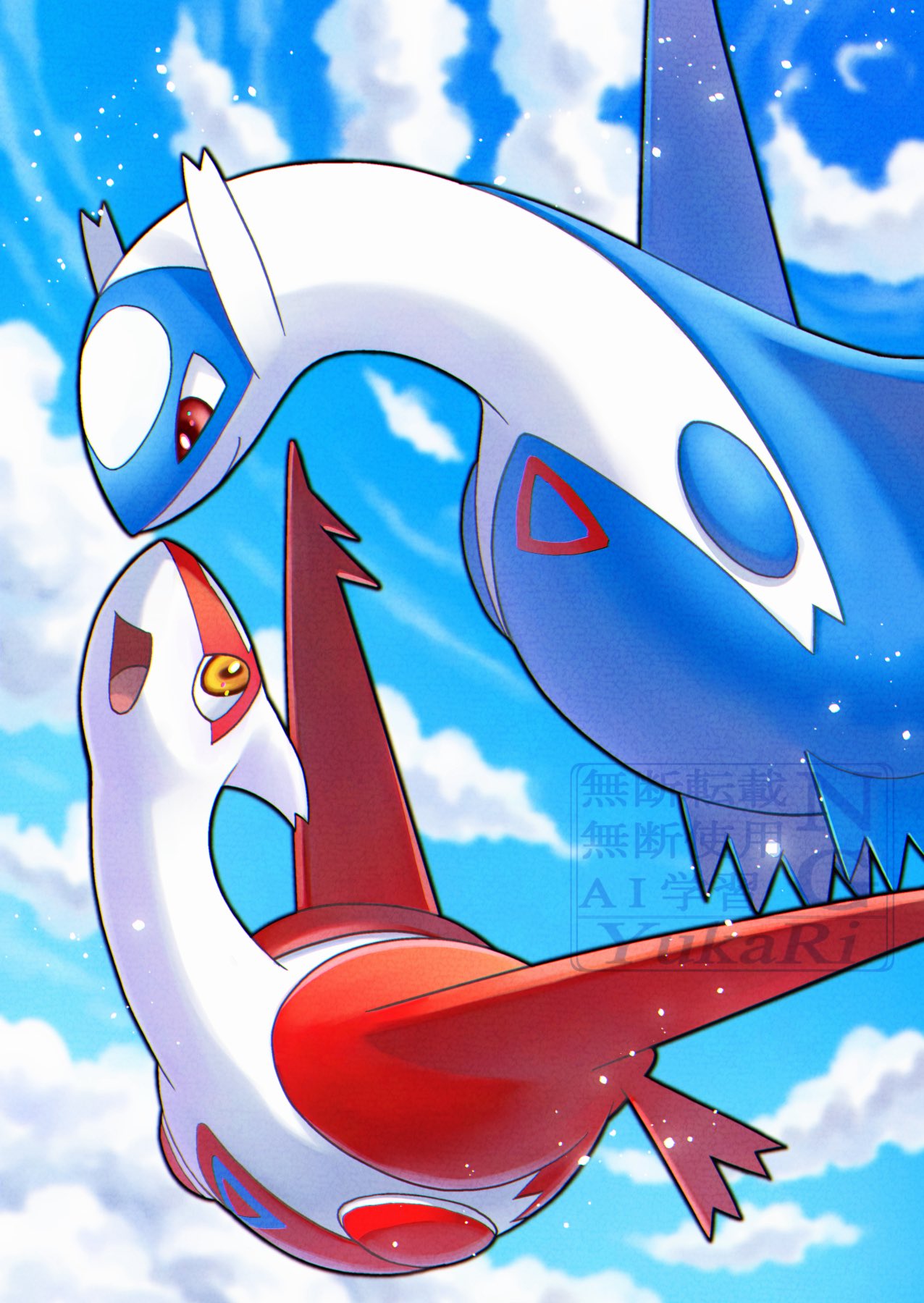 yukari (yukari21653710), latias, latios, nintendo, pokemon, highres, animal focus, claws, closed mouth, cloud, day, dragon, flying, full body, gen 3 pokemon, legendary pokemon, no humans, open mouth, outdoors, pokemon (creature), pokemon focus, red eyes, sky, smile, wings, yellow eyes