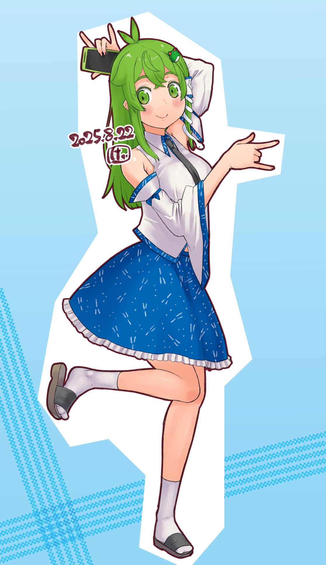 kei jiei, kochiya sanae, o henji madakana ojisan koubun (voisona), touhou, commentary request, highres, 1girl, m/, blue background, blue skirt, blush, breasts, brown sandals, cellphone, closed mouth, collared shirt, detached sleeves, frilled skirt, frills, frog hair ornament, full body, green eyes, green hair, hair ornament, hair tubes, holding, holding phone, large breasts, long hair, looking at viewer, phone, sandals, shirt, sidelocks, single hair tube, skirt, sleeveless, sleeveless shirt, smartphone, smile, snake hair ornament, socks, solo, standing, standing on one leg, white shirt, white sleeves, white socks