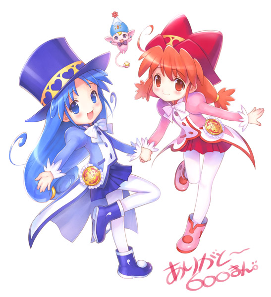goto p, fine (futagohime), poomo, rein (futagohime), fushigiboshi no futago hime, 00s, 2girls, blue hair, bow, coat, full body, hat, holding hands, long hair, long sleeves, looking at viewer, miniskirt, multiple girls, overcoat, pantyhose, puffy sleeves, red hair, red skirt, simple background, skirt, smile, standing, standing on one leg, top hat, twintails, very long hair
