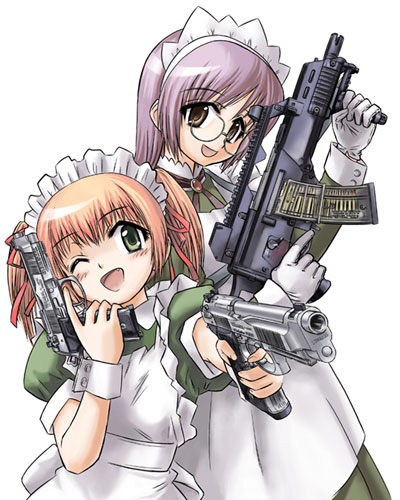 kurayami joe, heckler & koch, original, lowres, 2girls, apron, assault rifle, beretta 92, blush, brown eyes, carbine, combat maid, dual wielding, fang, glasses, gloves, green eyes, gun, h&k g36, h&k g36c, handgun, hands on own hips, holding, holding gun, holding weapon, maid, maid apron, maid headdress, multiple girls, one eye closed, open mouth, orange hair, pistol, purple hair, rifle, semi-automatic pistol, short-barreled rifle, short hair, smile, trigger discipline, twintails, vertical forward grip, weapon, white gloves, wink, wrist cuffs