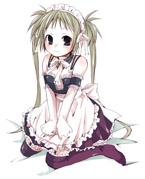 kubyou azami, sawatari mitsuki, kore ga watashi no goshujin-sama, 00s, 1girl, alternate breast size (smaller), arm garter, bare shoulders, black eyes, black thighhighs, blonde hair, blush, breasts, detached collar, elbow gloves, feet, female focus, frilled thighhighs, frills, full body, garter straps, gloves, kneeling, lingerie, long hair, looking at viewer, maid, maid headdress, nakabayashi yoshitaka's maid uniform, no shoes, petticoat, simple background, small breasts, smile, solo, thighhighs, twintails, underwear, white background, white gloves, zettai ryouiki