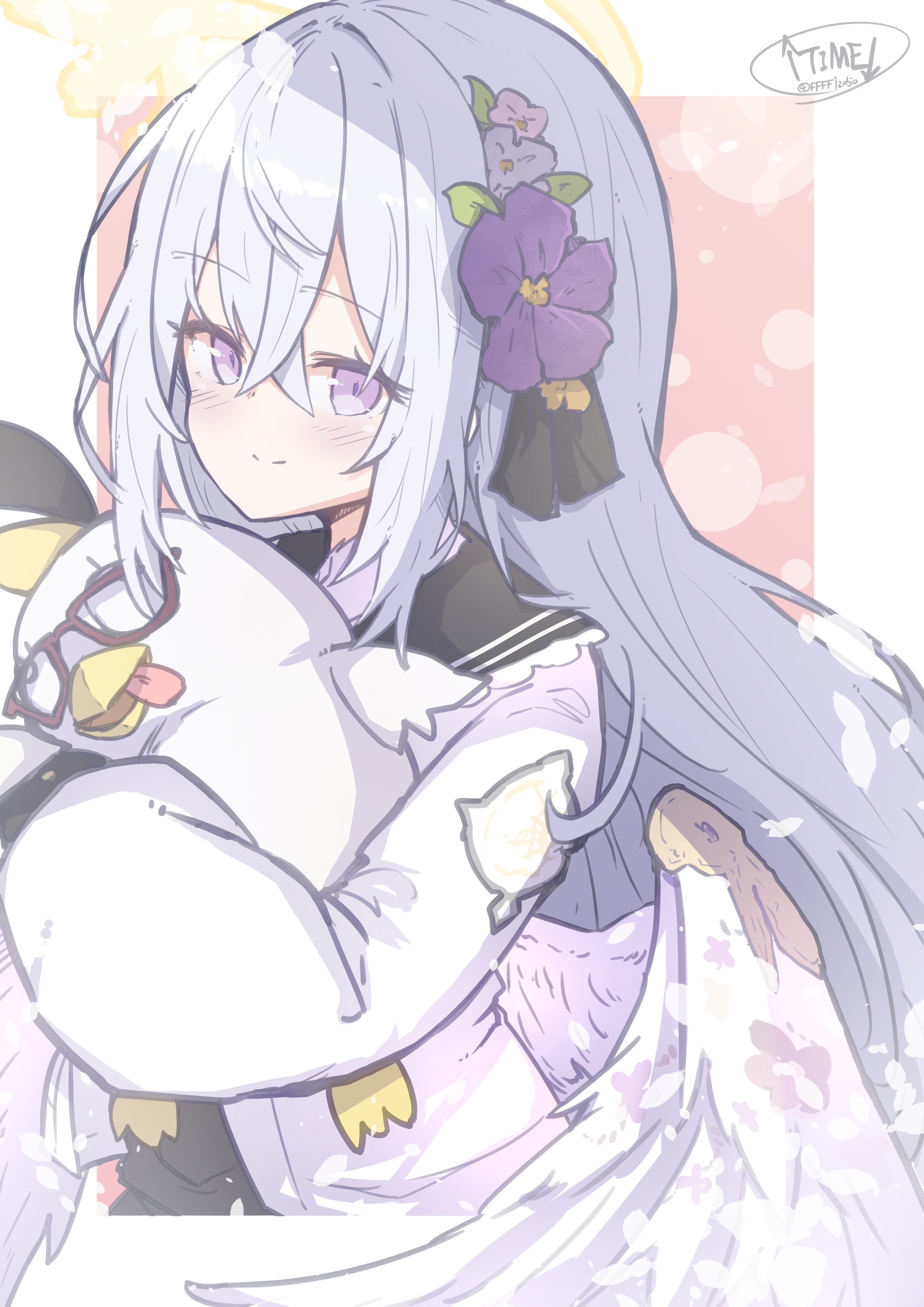 act. (neko6black), azusa (blue archive), peroro (blue archive), blue archive, absurdres, highres, 1girl, border, flower, glasses, hair between eyes, hair flower, hair ornament, holding, holding stuffed toy, long sleeves, low wings, make-up work club (blue archive), purple flower, school uniform, serafuku, smile, solo, sparkle background, stuffed animal, stuffed toy, tareme, tongue, tongue out, white wings, wings