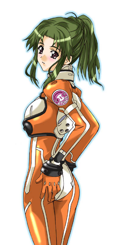 mikage nao, kayama akira, uchuu no stellvia, 00s, 1girl, ass, bodysuit, brown eyes, female focus, green hair, hands on own hips, long hair, looking back, orange shirt, ponytail, shirt, simple background, solo, white background