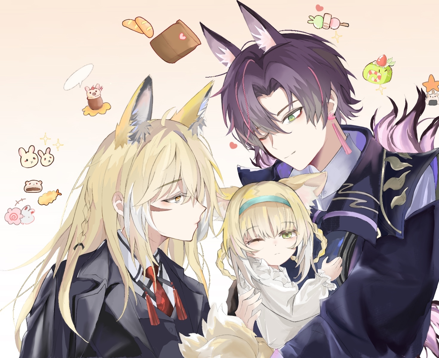 suzuran's father (arknights), suzuran (arknights), vulpisfoglia (arknights), arknights, chinese commentary, commentary request, highres, 1boy, 2girls, aged down, animal ear fluff, animal ears, aqua hairband, black jacket, blonde hair, carrying, carrying person, damowangpink, earrings, facial scar, family, father and daughter, green eyes, hair between eyes, hair intakes, hairband, heart, jacket, jewelry, light smile, long hair, long sleeves, looking at another, mother and daughter, multicolored hair, multiple girls, necktie, one eye closed, pink hair, profile, purple hair, red necktie, scar, scar on cheek, scar on face, shirt, short hair, star (symbol), streaked hair, tassel, tassel earrings, white hair, white shirt