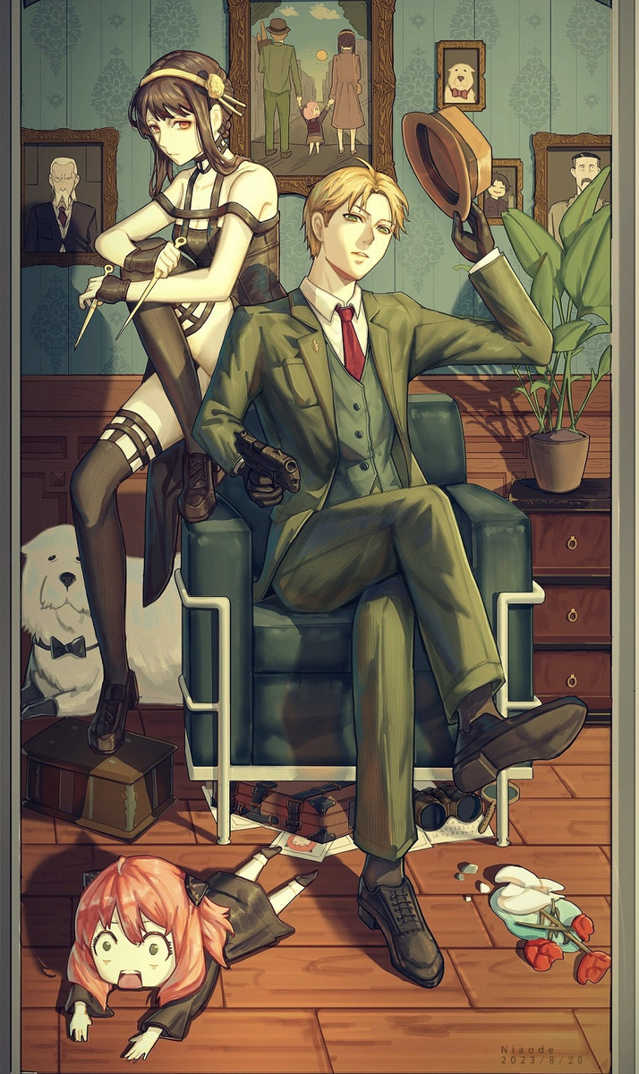 niaode, anya (spy x family), bond (spy x family), twilight (spy x family), yor briar, spy x family, highres, 1boy, 2girls, animal, black dress, black hair, blonde hair, coat, coll, dog, dress, family, gloves, green coat, green eyes, green pants, green shirt, gun, hair ornament, hat, holding, holding gun, holding unworn clothes, holding unworn hat, holding weapon, long hair, multiple girls, needle, pants, picture frame, plant, potted plant, red eyes, shirt, shoes, short hair, sitting, sleeveless, sleeveless dress, spy, thighs, unworn hat, unworn headwear, weapon
