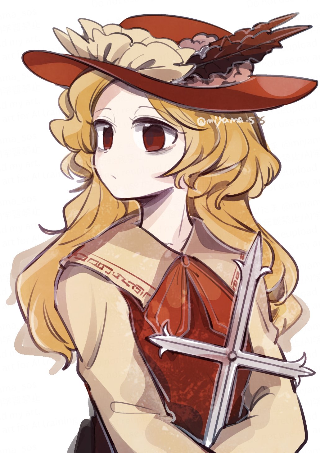 tama (hiroshige 36), jacket girl (dipp), dolls in pseudo paradise, touhou, commentary request, highres, 1girl, blonde hair, brown eyes, brown hat, brown vest, collared shirt, cross, hat, long hair, long sleeves, looking ahead, shirt, simple background, solo, twitter username, upper body, vest, white background, white shirt