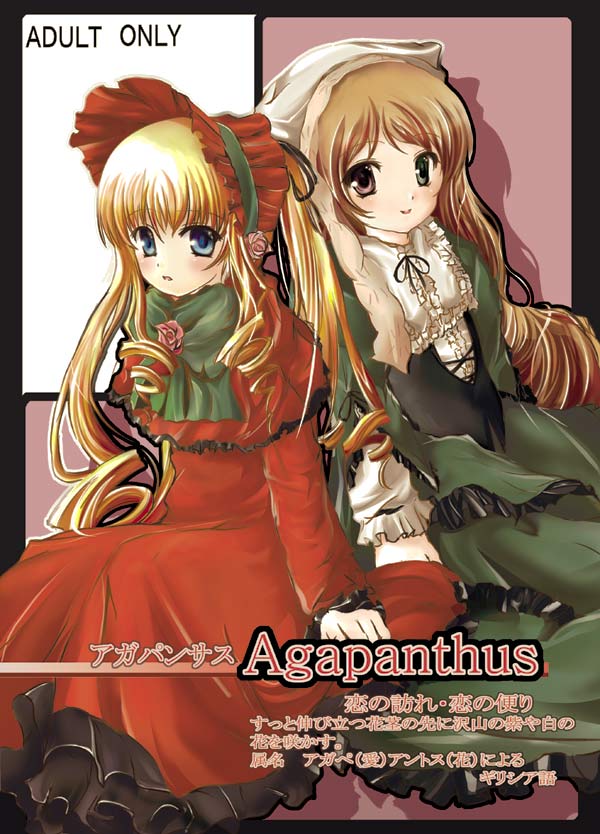 ruku (alicecreation), shinku, suiseiseki, rozen maiden, 00s, 2girls, blonde hair, blue eyes, bonnet, bow, brown hair, cover, dress, drill hair, flower, green eyes, hair rings, headscarf, heterochromia, long hair, looking at viewer, multiple girls, red dress, red eyes, ribbon, rose, sitting, smile, text focus, very long hair, white headscarf