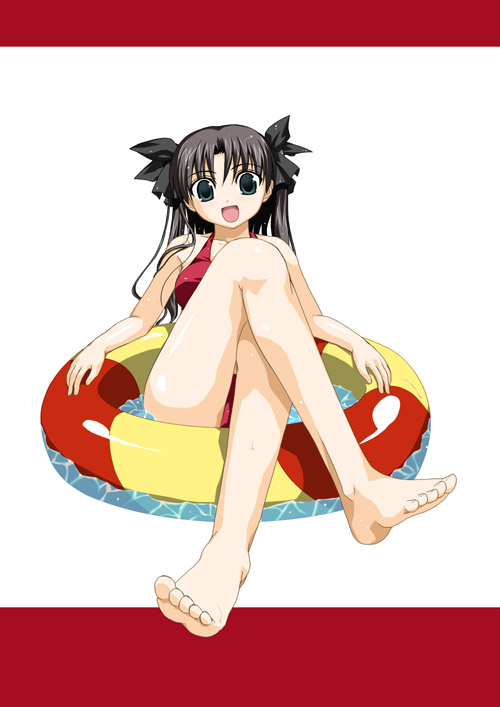 kanzaki karuna, tohsaka rin, fate/stay night, fate (series), 00s, 1girl, :d, afloat, barefoot, bikini, black hair, crossed legs, feet, female focus, green eyes, hair ribbon, innertube, looking at viewer, open mouth, red bikini, ribbon, sitting, smile, solo, swim ring, swimsuit, toes, two side up