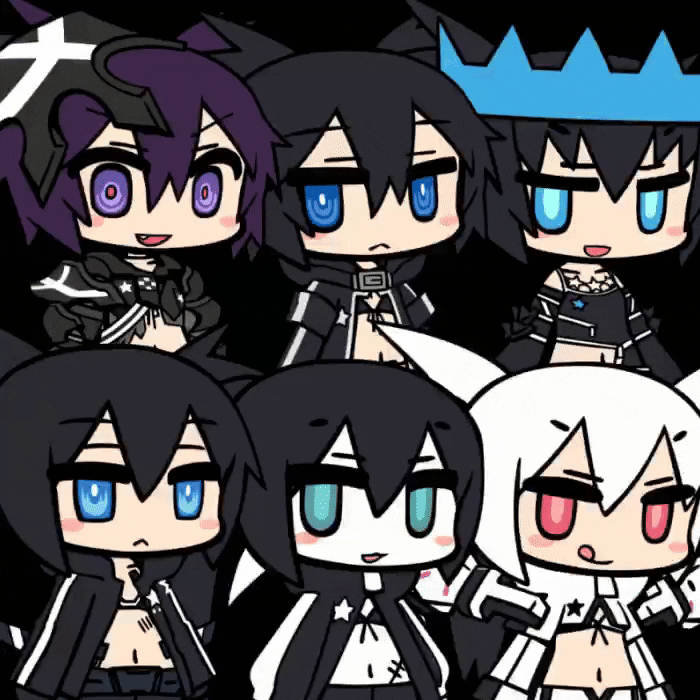 black rock shooter (character), black rock shooter beast, insane black rock shooter, stella (black rock shooter), white rock shooter, black rock shooter, black rock shooter (game), animated, animated gif, looping animation, 1girl, 264lino1, bikini, black coat, black hair, black shorts, blue crown, blue eyes, chibi, coat, cropped jacket, crown, floating crown, jacket, long hair, pale skin, pink eyes, purple eyes, purple hair, scar, shorts, swimsuit, twintails, uneven twintails, white hair, white jacket, white shorts