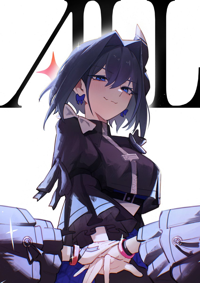 hunk 404, hakos baelz, irys (hololive), ouro kronii, hololive, hololive english, holopromise, commentary, 3girls, black jacket, blue eyes, blue hair, blush, bow, bow earrings, breasts, cropped jacket, earrings, fang, glint, hair between eyes, hair intakes, hand stack, hololive idol uniform (color rise), idol clothes, jacket, jewelry, light smile, long sleeves, midriff, multiple girls, official alternate costume, short hair, skin fang, solo focus, virtual youtuber, wide sleeves