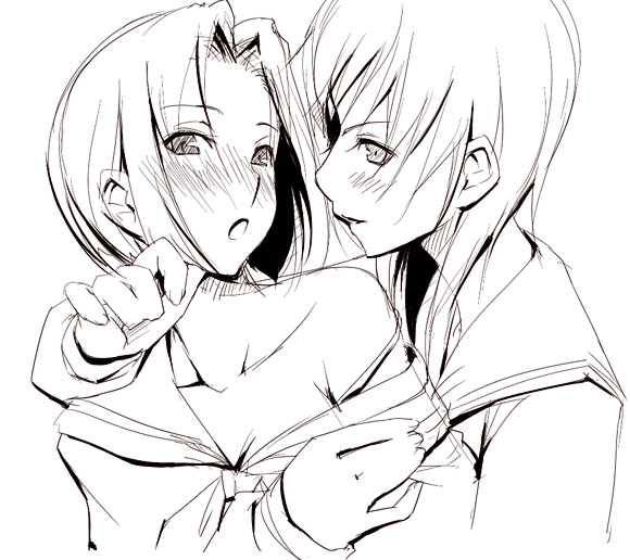kyo (kuroichigo), mizuno youko, satou sei, maria-sama ga miteru, 00s, 2girls, bare shoulders, greyscale, monochrome, multiple girls, school uniform, serafuku, strap slip, yuri