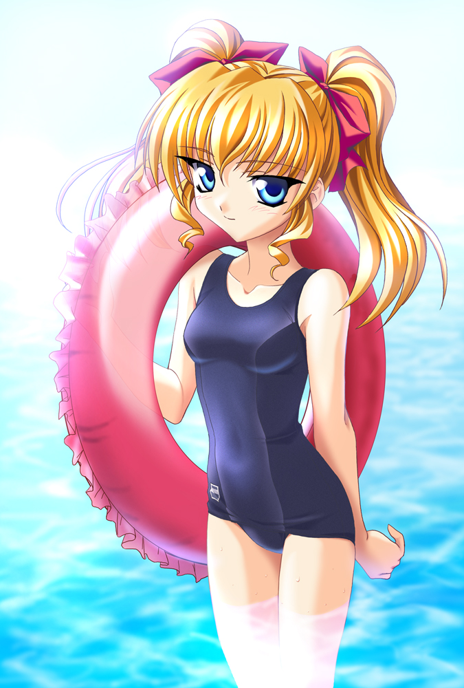 norizou type-r, daikuuji ayu, kimi ga nozomu eien, 00s, blue one-piece swimsuit, holding, holding swim ring, innertube, one-piece swimsuit, school swimsuit, solo, swim ring, swimsuit, thighs