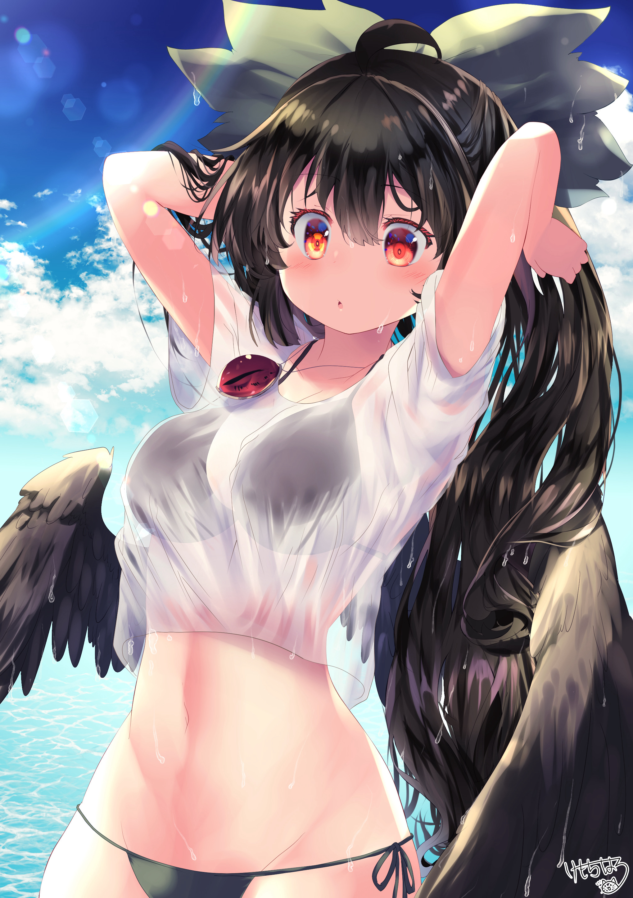 kemo chiharu, reiuji utsuho, touhou, absurdres, commentary request, highres, 1girl, bikini, bikini under clothes, bird wings, black bikini, black hair, black wings, blue sky, bow, breasts, cloud, cowboy shot, green bow, groin, hair bow, halterneck, hand in own hair, light particles, long hair, navel, open mouth, outdoors, red eyes, see-through clothes, see-through shirt, shirt, side-tie bikini bottom, signature, sky, solo, standing, string bikini, swimsuit, third eye, white shirt, wings