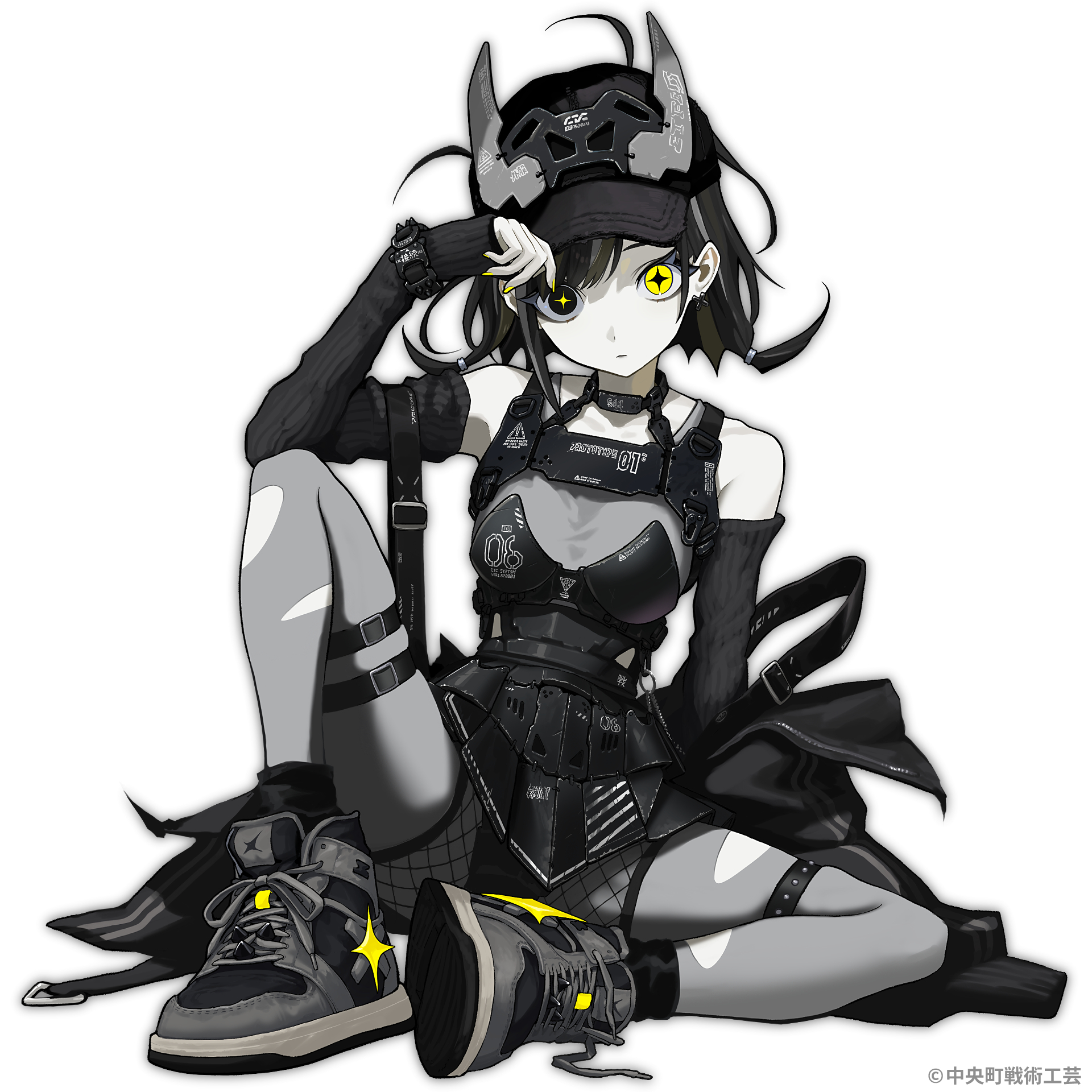 wawasuke, original, commission, highres, 1girl, arm warmers, bare shoulders, baseball cap, breasts, full body, greyscale, hand up, hat, heterochromia, knee up, miniskirt, monochrome, pantyhose, shoes, simple background, sitting, skirt, small breasts, sneakers, solo, spot color, torn clothes, torn pantyhose, white background, yellow eyes, yellow pupils