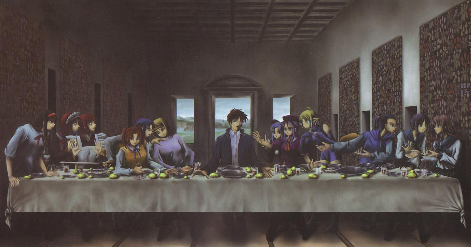 arcueid brunestud, ciel (tsukihime), hisui (tsukihime), kohaku (tsukihime), len (tsukihime), misawa hanei, nanako, nanako (tsukihime), seo akira, sion eltnam (type-moon), sion eltnam atlasia, tohno akiha, tohno shiki, tsukihime souka, yumizuka satsuki, melty blood, the last supper, tsukihime, 1boy, 6+girls, blonde hair, everyone, fine art parody, long table, multiple girls, parody, pointy ears, siblings, sisters, sitting, table, twins