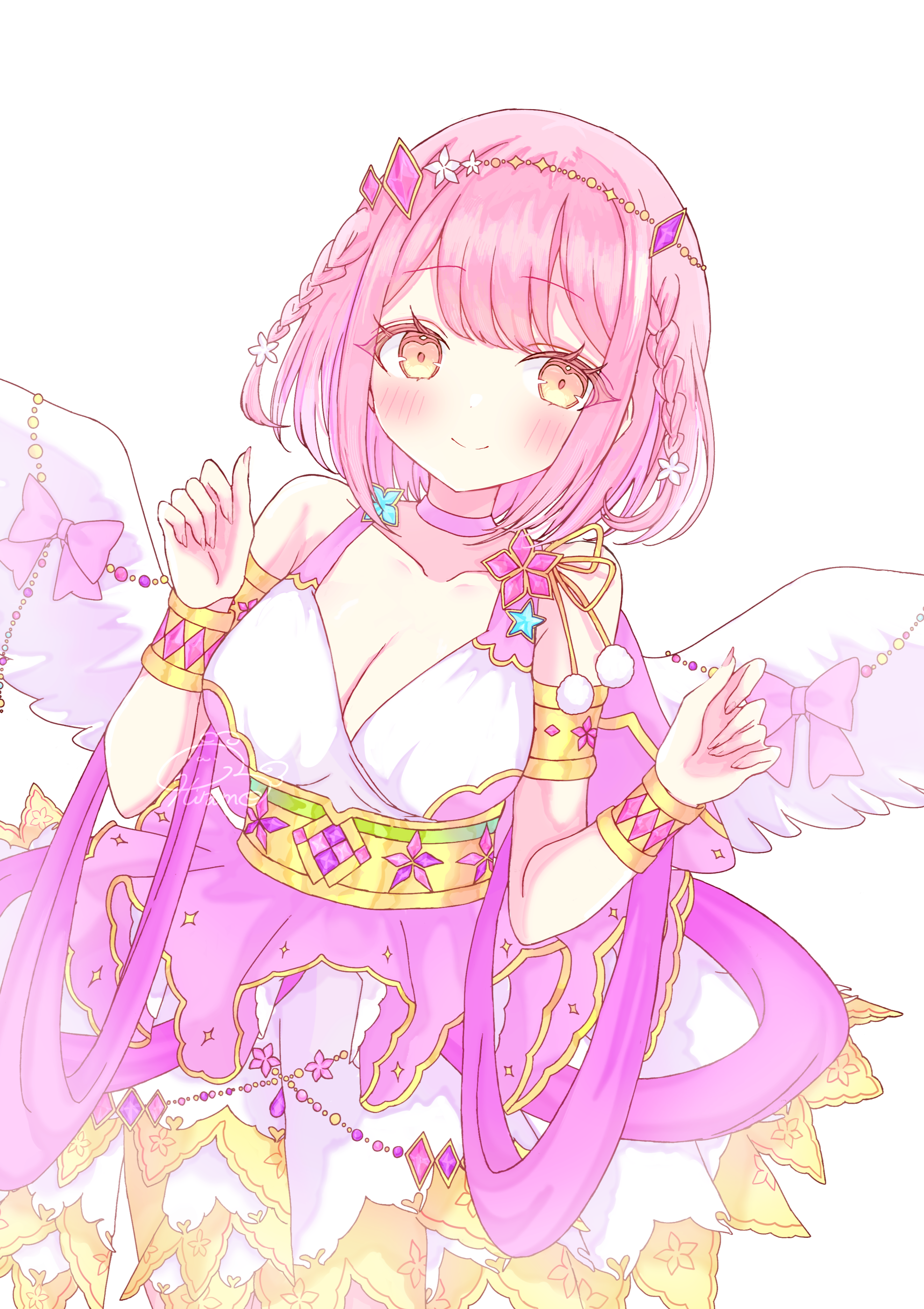 hirame (hi03ra), hoshizaki akari, ongeki, absurdres, highres, 1girl, bare shoulders, blush, braid, breasts, choker, cleavage, closed mouth, collarbone, dress, hand up, looking at viewer, medium breasts, pink hair, short hair, sleeveless, sleeveless dress, smile, solo, striped background, white dress, wings