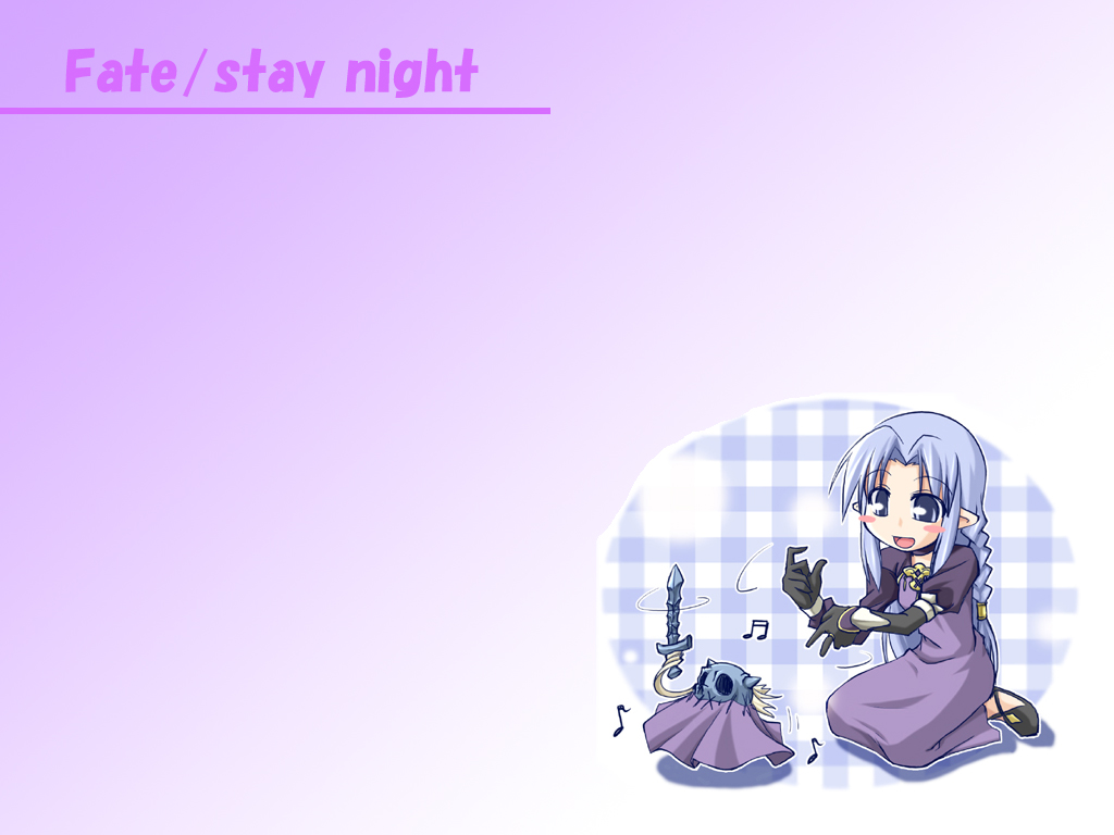 medea (caster) (fate), medea (fate), fate/stay night, fate (series), 00s, 1girl, beamed quavers, blue eyes, blue hair, blush stickers, braid, chibi, chibi only, dress, female focus, gloves, long dress, long hair, matching hair/eyes, musical note, open mouth, pointy ears, puppet, quaver, sitting, solo, sword, weapon