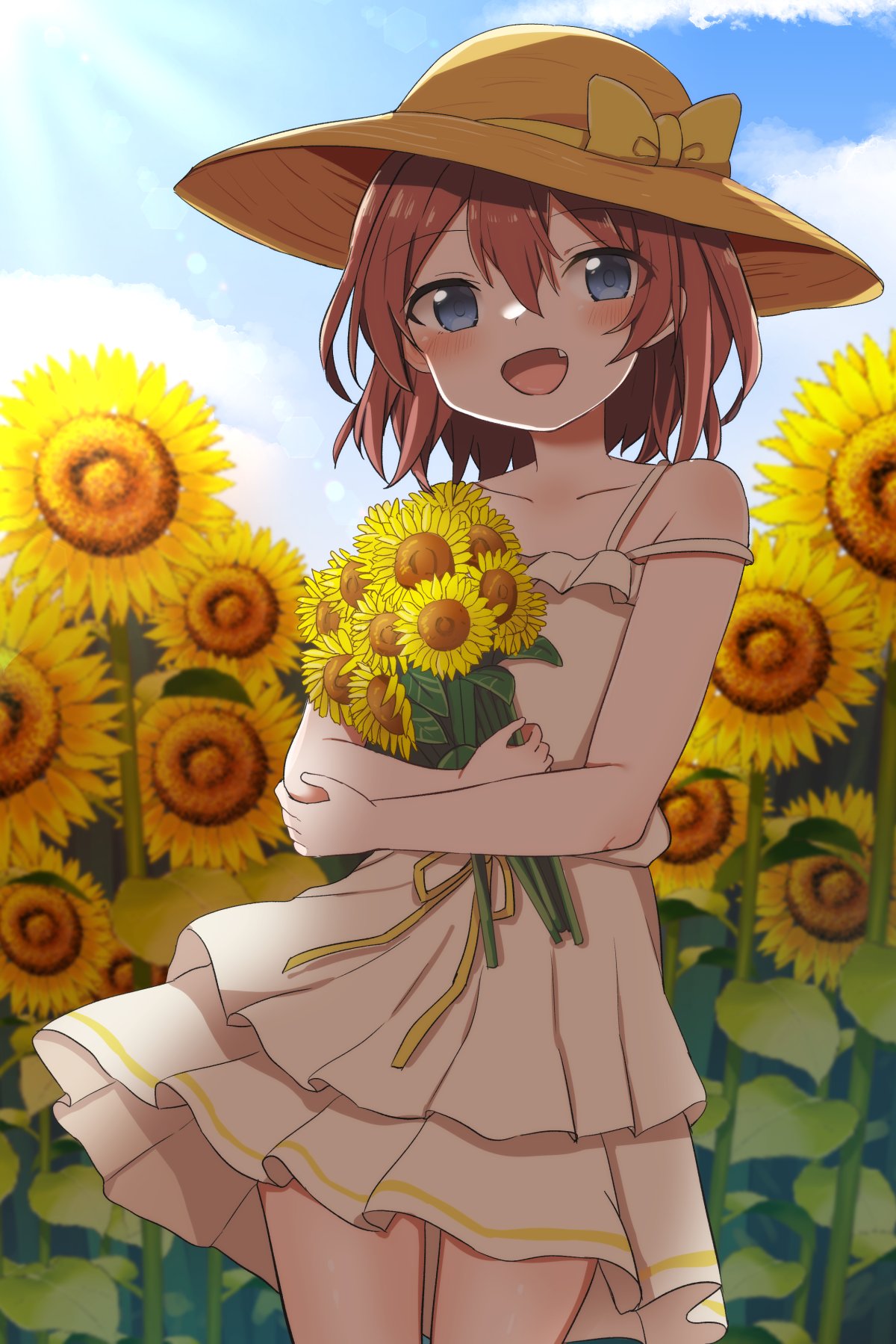 tonari (ichinichime azuma), hinata chinatsu, ongeki, highres, 1girl, :d, blue sky, blush, brown hair, collarbone, day, dress, field, flower, flower field, hat, holding, holding flower, looking at viewer, open mouth, outdoors, sky, sleeveless, sleeveless dress, smile, solo, straw hat, sundress, sunflower, white dress