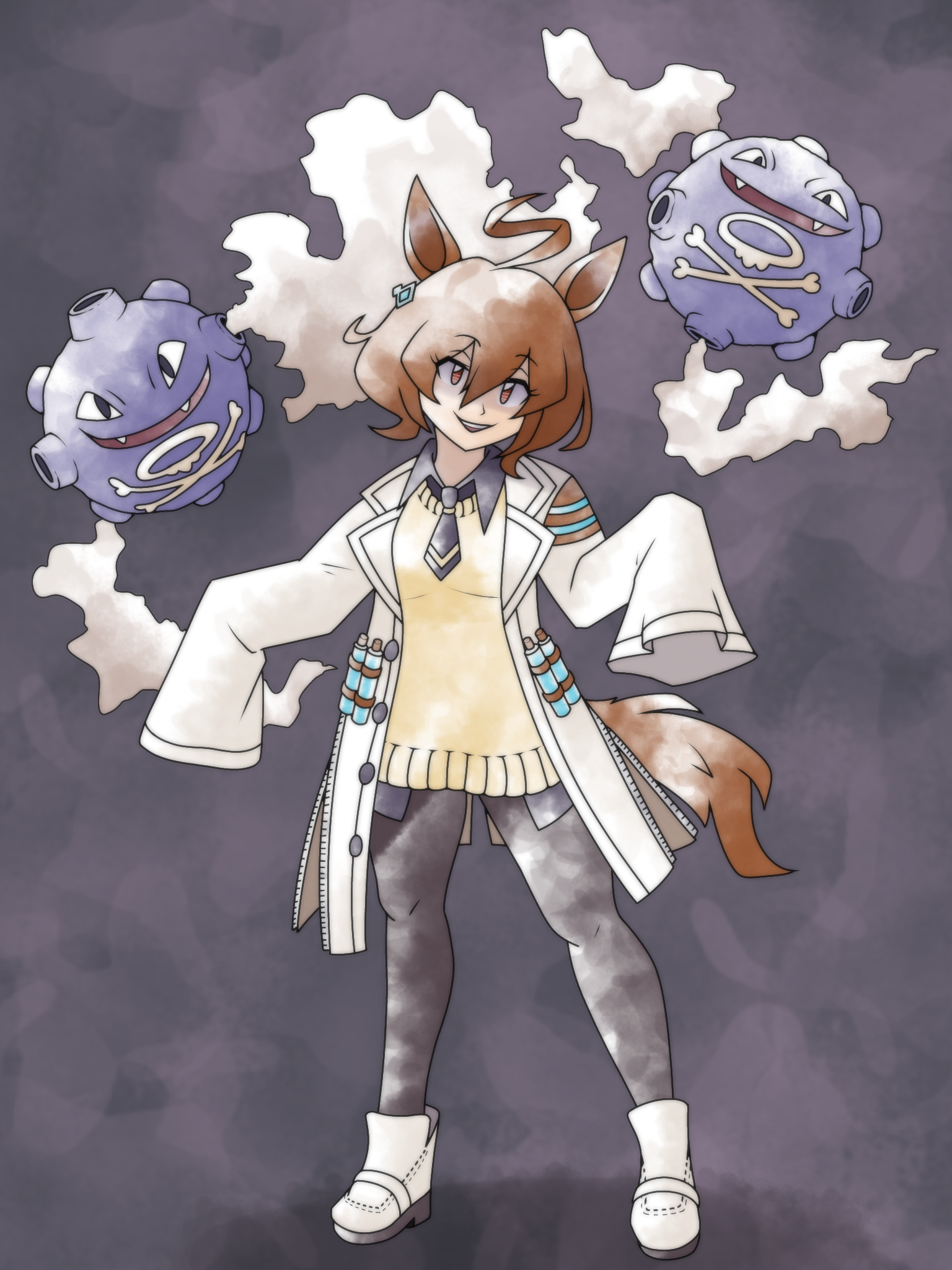 greatmothsucks, agnes tachyon (umamusume), koffing, nintendo, pokemon, umamusume, highres, 1girl, ahoge, animal ears, ankle boots, black necktie, black pantyhose, black shirt, boots, brown eyes, brown hair, coat, full body, gen 1 pokemon, grey background, head tilt, horse ears, horse girl, horse tail, lab coat, long sleeves, looking at viewer, necktie, open mouth, pantyhose, parody, patterned background, pokemon (creature), shaded face, shirt, shoes, short hair, short necktie, simple background, sleeves past fingers, sleeves past wrists, smile, smoke, solo, style parody, sugimori ken (style), sweater, tail, teeth, test tube, upper teeth only, white coat, white shoes, yellow sweater