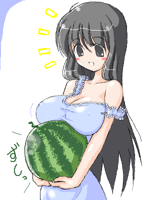 original, lowres, 1girl, black hair, blush, breast press, breast rest, breasts, carried breast rest, carrying, female focus, food, fruit, holding, holding food, holding fruit, holding watermelon, large breasts, long hair, no bra, oekaki, open mouth, solo, watermelon