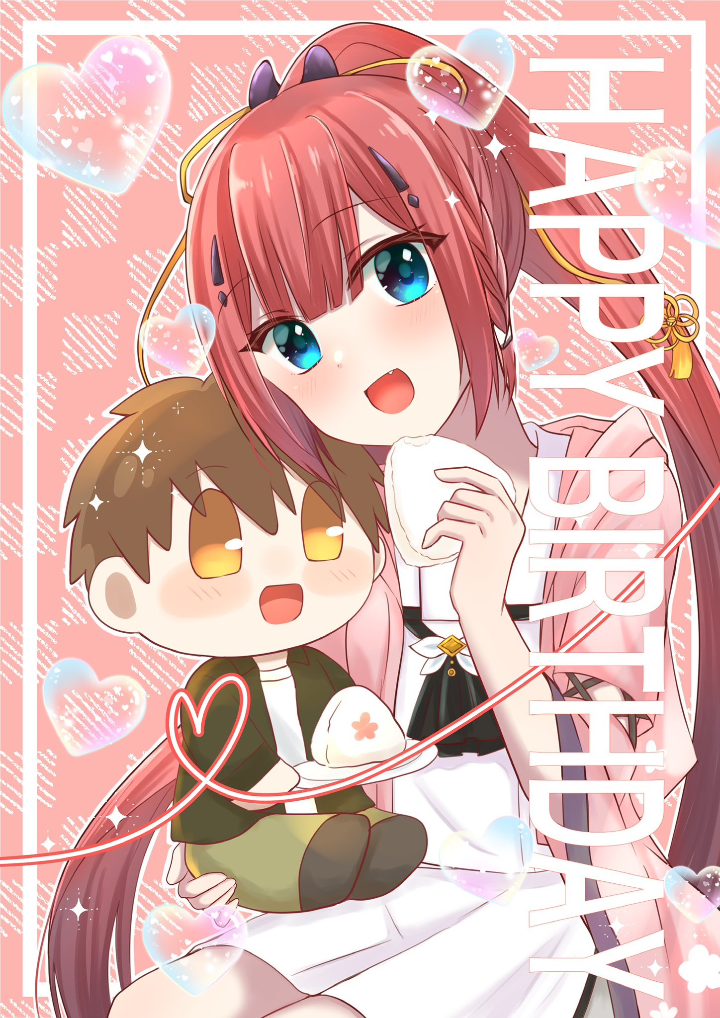 kamiyama shiki, takahara hairi, summer pockets, commentary request, highres, 1girl, :d, ascot, black ascot, blue eyes, blunt bangs, blush, blush stickers, braid, brown eyes, brown hair, character doll, cherry blossom print, cowboy shot, doll, eyelashes, eyes visible through hair, fang, floral print, floral print kimono, food, hair ornament, hairclip, hand up, happy, happy birthday, heart, holding, holding doll, holding food, japanese clothes, kimono, long hair, long sleeves, looking at viewer, miniskirt, mumusubisan0704, onigiri, open clothes, open kimono, open mouth, pink background, pink kimono, ponytail, print kimono, red hair, sailor collar, school uniform, serafuku, shirt, short hair, side braid, sidelocks, simple background, sitting, skirt, smile, soap bubbles, solo, sparkle, spiked hair, split ponytail, straight hair, summer pockets school uniform, very long hair, white sailor collar, white serafuku, white shirt, white skirt, wide sleeves